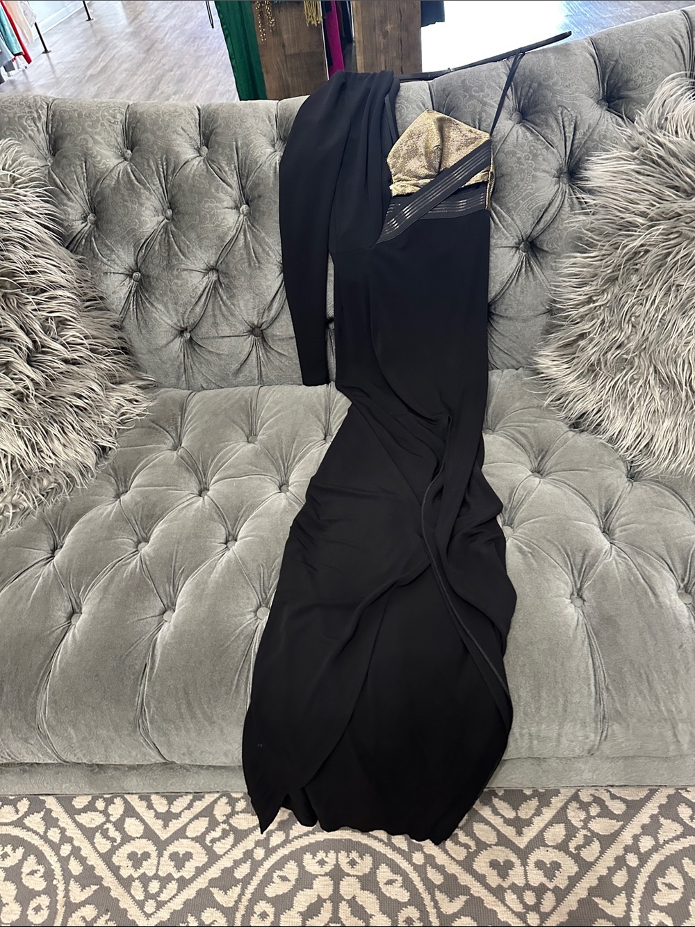 Black Cutout Pencil Dress with Metallic gold Bust - Picture 3 of 7
